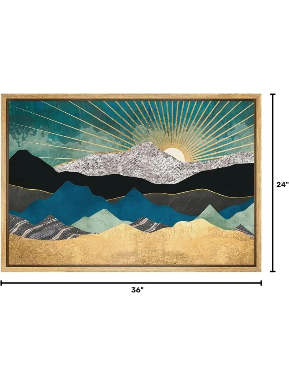 Framed Canvas Wall Art - Teal Gold Mountain Range Nature Print for Living Room